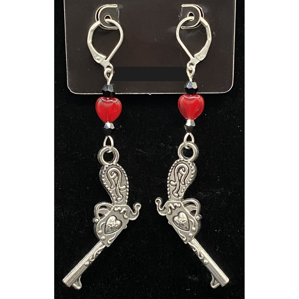Handmade Gun & Red Glass Heart with Black Crystal Earrings by Neanie-Bot